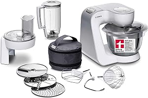 ‎BOSCH Bosch Küchenmaschine Serie 4, Edelstahl-Schüssel 3,9 L, Knethaken, Schlag- und Rührbesen Edelstahl spülmaschinenfest, Mixer 1,25 L, Durchlaufschnitzler, 3 Scheiben, 1000 W, Weiß, MUM58W20