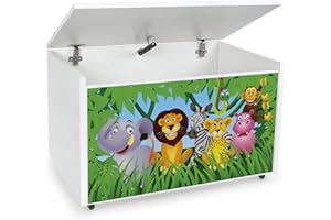 leomark Contenitore portagiochi in legno, panca su ruote - ZOO - scatola con coperchio, mobili per camera da letto, cassapanca per bambini, bianco 91L, dimensioni: 71 cm x 40 cm x 46 cm (Altezza)