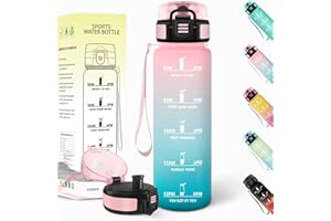 Baramumu Gourde 1l, Anti-Fuite, Gourde Sport, Réutilisable, Bouteille d'eau, avec Marqueur de Temps, Bouteille, Sans BPA, pour Yoga, Randonnée, Fitness, Sport, Rose-Vert