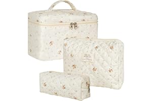 YOWMINA Lot de 3 Trousse de Toilette, Trousse de Toilette Cosmétique de Voyage de Grande Capacité, Trousse de Maquillage en Coton, Trousse Cosmétique Matelassée pour Femmes Dames Filles (B)