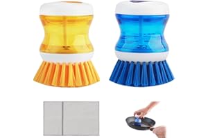 KAHOUI 2 Piezas Cepillo Fregar Platos con Depósito de Líquido, Cepillo para Fregar Platos de Plastico, Cepillo Cocina Platos con Tela Metálica Plateada para Limpiar, Ollas y Fregaderos
