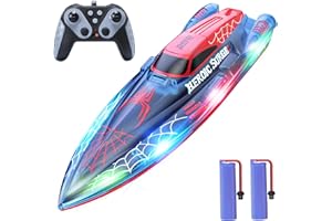 DEERC Bateau Télécommandé, RC Bateau Telecommandé Enfant 2,4 GHz avec Lumières LED, Alarme de Batterie Faible, Piscines et Lacs Jouet Aquatique d'été pour garçons de 8 à 12 Ans, 2 Piles