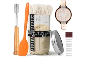 JAOBHAHY Barattolo per Lievito Madre Kit,730ml Sourdough Starter Jar con Fascia di Alimentazione con Data, Fionda in Silicone per Il Pane, Lama per Il Pane, Raschietto in Silicone