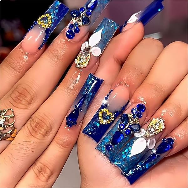 24 Stück Künstliche Nägel – Schmetterlingsblau Mit Glitzer & Strass – Quadratische Form