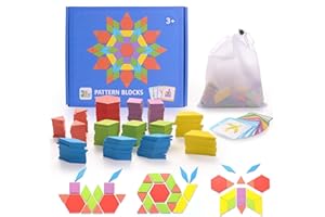 HellDoler 155 Blocchi Modello in Legno Set Puzzle di Forma Geometrica Classico Grafico educativo Tangram Montessori Giocattoli con 24 Pezzi di Carte di Design per Bambini