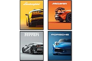 KOMERGAVE 4 Pcs Car Posters, Super Car Poster, Cool Canvas Wall Art for Man Cave Boys Room Bedroom Aesthetics Decor, Modern Sports Cars Classic Racing Cars Prints, 12x8 Inch
