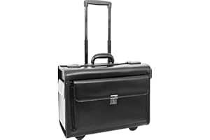 HOUSE OF LUGGAGE Leather Pilot Case Black Wheeled Briefcase Business Travel Cabin Hand Luggage Dave