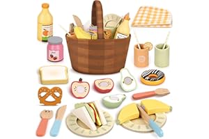 Dreamon Cibo Cucina Giocattolo per Bambini Legno, Accessori da Cucina in Legno Finto Set di Giocattoli da Picnic con Giocattoli da Taglio di Frutta e Verdura, Giochi di Ruolo Giocattoli Bambina 3
