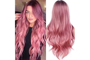 PORSMEER Perücke Damen Rosa Lang locken Gewellt Natürliche Ombe Pink Synthetische Haar Wig Perücken für Frauen/Mädchen alltagstauglich Cosplay Kostüm Fasching Party Wig