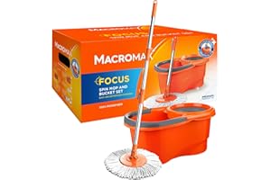 MACRO MAX Macromax - Focus Automatic Spin Mop 13L Cleaning Set - 100% Microfibre- Telescopic Turn Handle - Automatic Wash & Dry Basket - Made from 90% Recyclable Material (Spin Mop Set)