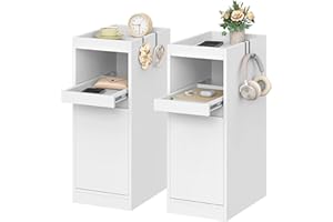 HEXCELEN Slim Bedside Table, Set of 2, Narrow Bedside Cabinet with Tray, Nightstand with 1 Door, Side Table with 2 Hooks, for Bedrooms, Living Rooms, Modern, White, 35 × 24 × 64 cm