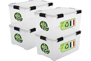 Iris Ohyama Luftdichte Kunststoff-Aufbewahrungsboxen mit Deckel, 45L, 4er-Set, Transparent, Hermetischer wasserdichter Verschluss, Robuste Schnappverschlüsse, Stapelbar, Staubschutz, BPA-frei, WSB-45