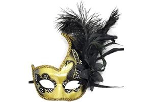 Coolwife Costume Mask Feather Masquerade Mask Halloween Mardi Gras Cosplay Party Masque (Gold Black)
