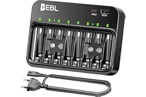 EBL Akku Ladegerät für AA AAA 9V Akkus, Kompatibel mit NI-MH Batterien, USB-C PD3.0 & Micro USB Eingang, Schnellladegerät