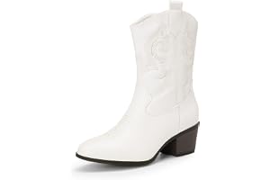 DREAM PAIRS Cowgirlstövlar för kvinnor i mitten av vaden | Västernstövlar med rund tå, tjock låg klack, broderistövlar, count
