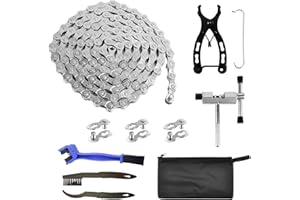 AUSYIWI Chaîne de vélo 6/7/8 vitesses, 1/2 x 3/32 pouces, 116 mailles, kit d'outils en acier inoxydable avec grattoir, pinces, 3 paires de bloque-chaîne, convient pour VTT et vélo de route