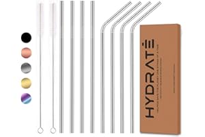HYDRATE Słomki ze stali nierdzewnej, wielokrotnego użytku, przyjazne dla środowiska, metalowa słomka wolna od BPA, wiele opcji kolorystycznych (8 sztuk, srebrne)