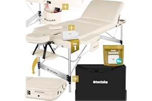 tectake® 3-Zone Massage Table with Sturdy Aluminium Frame, Foldable Massage Bed with Thick Foam Padding, Oil- & Water-Resistant Cover, Adjustable Spa & Beauty Bed, Incl. Carry Bag & Face Masks - Beige