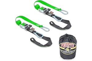 PowerTye 1.5in x 6.5ft Heavy Duty Ratchet Tie-Down Straps with Soft-Tye, Carabiner Hooks - 1,000 lb Working Load Limit / 3,000 lb Breaking Strength - Made in USA - Green/Black Pair + Storage Bag