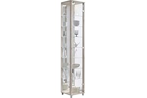 BR-Wohndesign Vitrina de Cristal 172 x 32 x 33 cm, en Sonoma Eiche con 7 estantes de Cristal, Espejo y LED, coleccionistas