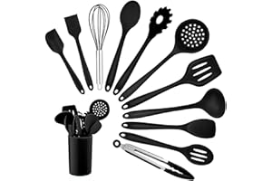 Homikit Silikon Küchenhelfer Set, 12 Stück Schwarz Kochutensilien Kochgeschirr, Hitzebeständiger Kochbesteck Set mit Utensilienhalter, Gesund & Antihaft, Spülmaschinengeeignet