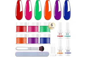 Eodci 6 colores neón, polvo de inmersión, color rosa, verano, azul, verde, amarillo, violeta, principiante, con base, capa superior, activador, protector de pinceles, manicura francesa, salón de
