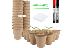 BAFEIL 100PCS Seedling Pots - 8cm Fibre Seed Pots Round Biodegradable Plant Pots 100Pcs Plastic Plant Labels with 2PCS Plant Label Pen and 2PCS Transplanting Digging Tools