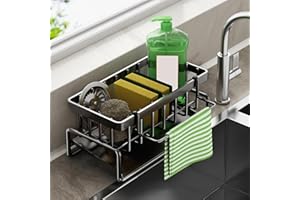 CYZBL Multifunctional Kitchen Sink Storage Organiser, Black Stainless Steel Sponge Holder, Countertop Cleaning Rack with Removable Dish Cloth Hanger, Washing up Caddy for Kitchen Bathroom (Black)