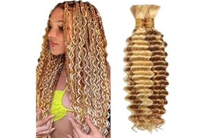 Evaxilc Human Braids Hair Deep Wave P27/613 Highlight Blonde Color Unprocessed Honey Blonde No Weft Human Hair Extensions For Boho Braids 50g/bundle Total 100g 16 16 Inch