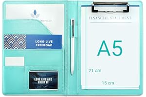MYMAZN Folder A5 Clipboard Folder A5 Conference Folder for Legal Pad, Pu Leather Folder Work Writing Foldover Clipboard with Cover, Portfolio Organiser A5 Folio Clip Board with Pen Holder (Pale Turquoise)