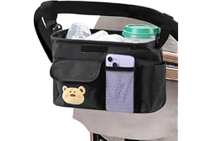 Baby Pushchair Pram Organiser Bag, BugyKido Large Capacity Buggy Organiser, 2 Insulated Cup Holder, 3 Front Pocket, Adjustable Shoulder Strap, Fits All Baby Pushchair Organiser Handlebar