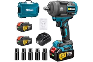 Gisam 850Nm Akku Schlagschrauber mit 8000mAh Akkus und Schnellladegerät, 1/2 Bürstenloser Akku Schlagschrauber Reifenwechsel mit 5 Steckschlüsselsatz für Autos, Gerüst (000-Mit 2 Akku)