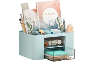 Marbrasse Desk Organiser with Drawers,Multifunctional Pen Holder with 7 Compartments,Stationary Organiser for Home Office Desk and Accessories(Blue)