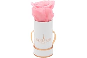 PARIS EN ROSE Rosenbox | mit einer rosa Infinity Rose Größe XL | ewige Rose | runde Box Weiß-Rosegold | 3 Jahre haltbar | Grußkarte