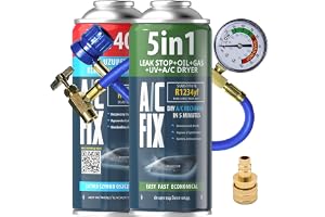 AC FIX 5-i-1 – R1234yf + 2 i 1 + slang + adapter Köldmedium för bilens luftkonditionering med olja, tätningsmedel, UV-färgämne, torkmedel – Snabb applicering – Skyddar kompressorn