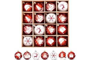 ‎WEARXI WEARXI Weihnachtskugeln - 16pc 6cm Christbaumkugeln Kunststoff Rot Weiß, Weihnachtskugeln Kunststoff, Weihnachtsdeko mit Aufhänger, Weihnachtsbaumkugeln für Klassische Weihnachtsbaumschmuck Rot Weiß