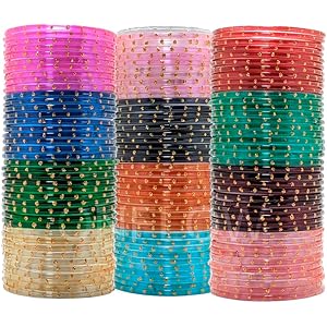 ONFLOW 12-Color Indian Glass Bangles Set for Women - Traditional Ethnic Bangles with Golden bindi Design - Stylish and Festive Accessories