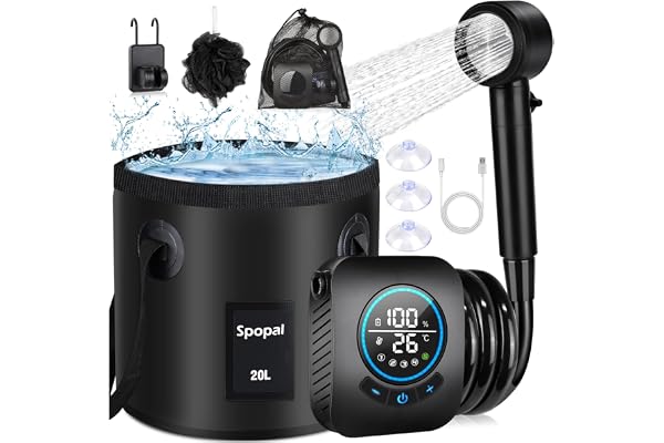 Spopal Dusch Portabel för Camping, [Temperaturskärm] 8000mAh Uppladdningsbar Camperdusch med 20L Vikbar Behållare, 5-hastighetsläge, Elektrisk Dusch för Camping, Vandring, Hunddusch