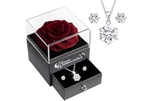 Sunia Eterna Rosa, Rosa Real Preservada con Collar y Pendientes de Plata de Ley 925 Mujer, Regalo de Rosa Real Hecho a Mano para Mujer Mama Novia, Regalo para Cumpleaños Dia de San Valentin Navidad