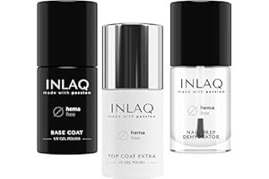 ‎INLAQ INLAQ® HEMA Free Top Coat Extra + Base Coat + Nail Prep Dehydrator | 7ml Nail Prep, 6ml Top Coat und 6ml Base Coat Set, Komplett-Set für Top & Base für Hybridlacke