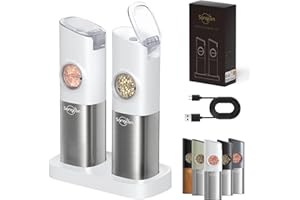 [MAYOR CAPACIDAD MEJORADA] Sangcon Molinillo de Sal y Pimienta Eléctricos Gravedad con Base, recargable por USB, Tapas Antipolvo Automáticas + Luz LED, Grosor Ajustable, Paquete de 2,(Blanco)