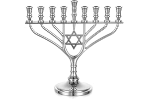 Sziqiqi Janukia Menorah 9 Brazos: Hanukkah Menorah Pequeña con Estrella de David - Candelabro Hanukkah Plateado de Aleación de Zinc 19 cm para Mesa Viaje Ventana