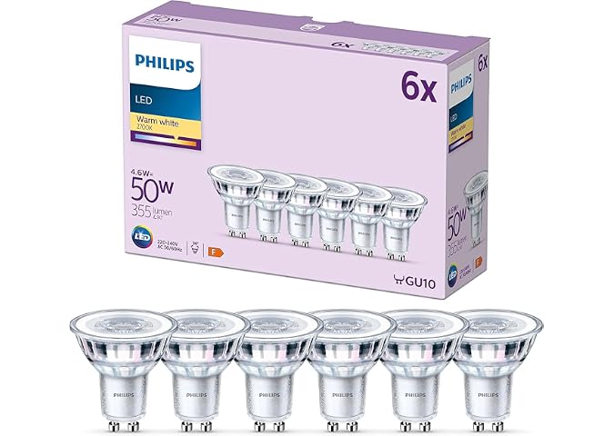 PHILIPS LED Classic GU10 Lampen, 6er-Pack, 50 W, Reflektor LED Spots, warmweiß, energiesparend