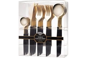 Decor Decorline - Ensemble de couverts réutilisables en plastique robuste - 40 pièces - Avec 16 fourchettes, 8 couteaux, 8 cuillères et 8 cuillères à dessert - Noble - Haut: Or - Poigné: Noir