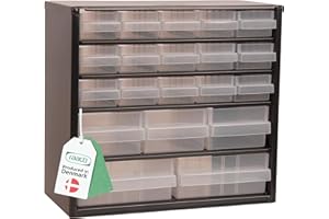 Raaco Storage Cabinet C6-20 with 20 Drawers | Metal Tool Organiser | 20 kg Capacity | 15 × 30.6 × 28.3 cm | Steel Frame with Transparent Polypropylene Drawers | Garage Storage & Workshop Organiser