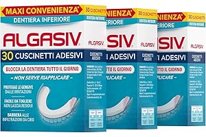 Algasiv Cuscinetti Adesivi Per Dentiera Inferiore, Dura Tutto Il Giorno e Protegge Le Gengive, Tenuta 20 Volte Più Forte, 3 Confezioni da 30 Pezzi