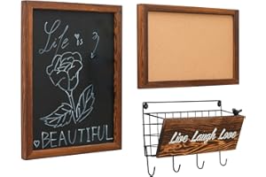 ChasBete 3in1 Chalkboard & Cork Board & Letter Rack with Key Hook, Decorative Wall Organiser for Kitchen, Entryway, Office
