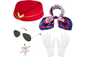Horolam Lot de 5 accessoires de costume d'hôtesse de l'air pour femme avec chapeau, écharpe, gants, lunettes de soleil