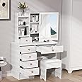 Dressing Table with Mirror and Stool, Vanity Table with Mirror, Makeup Desk with 6 Drawers and Open shelves, Wooden Modern Bedroom Dresser, Makeup Table with Mirror for Bedroom Girl Women Gifts White