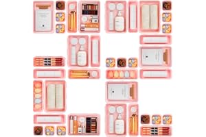 A-LuGei 22 Pezzi Rosa Organizer Cassetti Cucina, Plastica Scatole Portaoggetti Trucchi Scrivania, Bagno Divisori per Cassetti Organizzatore, Ufficio Separatori Vassoi per Cassettiera Scrivania